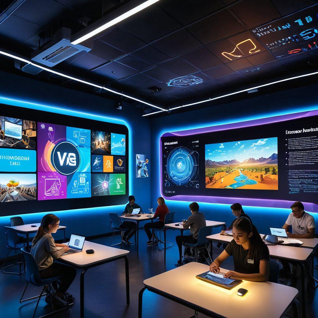 A futuristic classroom setting with diverse students engaged in interactive e-learning through advanced technology, such as holograms and VR headsets. The space should be vibrant and inspiring, featuring educational elements like digital boards and floating text. Incorporate a sense of collaboration and creativity, with colorful designs and innovative gadgets surrounding the learners. super-realistic. vibrant colors. dynamic composition.