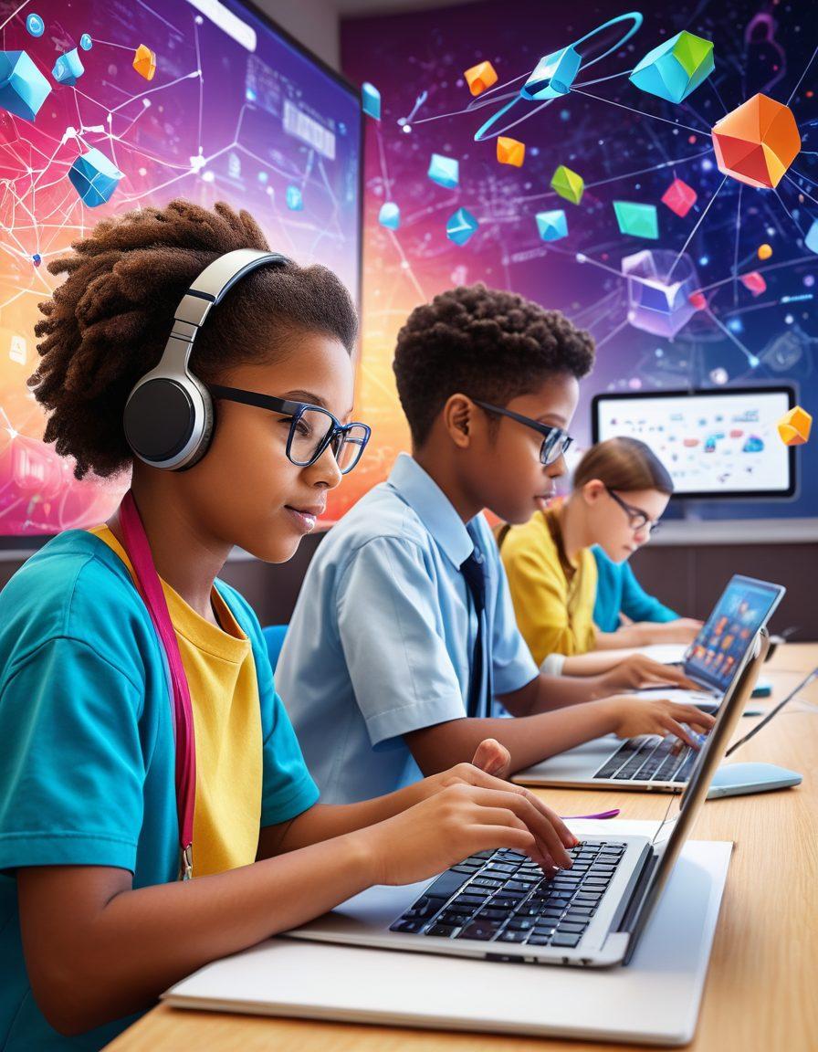A vibrant digital classroom scene showcasing students engaged with various educational resources: tablets, laptops, e-books, and virtual whiteboards. Include diverse learners collaborating in a dynamic online environment with colorful infographics displaying remote learning statistics. The background features abstract representations of technology and connectivity, symbolizing the future of education. super-realistic. vibrant colors. 3D.