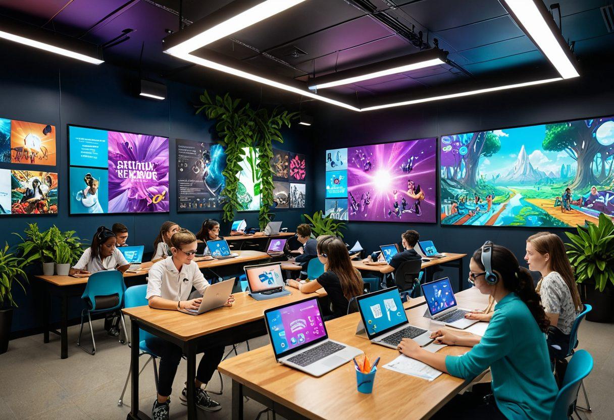 A futuristic classroom filled with diverse students engaged with various high-tech online learning tools, such as interactive tablets and virtual reality headsets. Bright, vibrant colors to show excitement and engagement, with holographic elements like floating screens displaying educational content. The background features a modern, open space with motivational posters and plants to convey a positive learning atmosphere. super-realistic. vibrant colors. 3D.